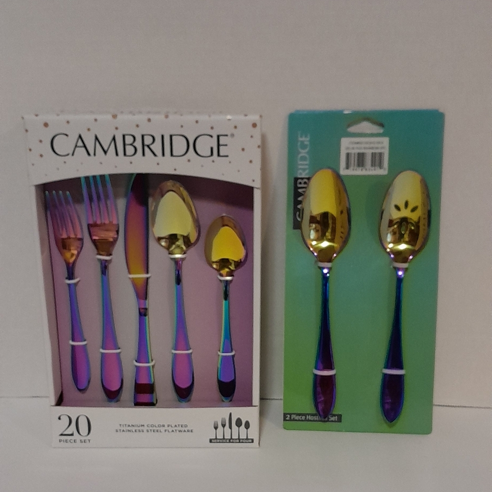 - Cambridge 20pc Stainless Steel Flatware Titanium Iridescent Rainbow + 2p…